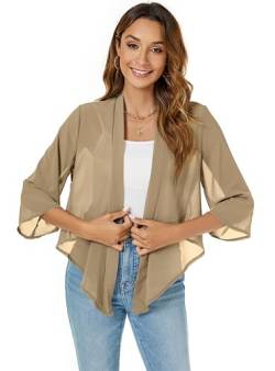 Famrrifuu Bolero Damen Chiffon Festlich Schulterjacke 3/4 Ärmel Elegant Kurze Cardigan Leichte Dünn Bolerojacke,Khaki,L von Famrrifuu