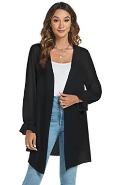 Famrrifuu Chiffon Cardigan Damen Lang Sommer Strickjacke Leichte Langarm Strand Cover up Elegant Kimono Cardigan,Schwarz,L von Famrrifuu