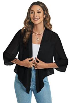 Famrrifuu Damen Bolero Chiffon Schulterjacke 3/4 Ärmel Elegant Kurze Cardigan Leichte Dünn Bolerojacke,Schwarz,XL von Famrrifuu