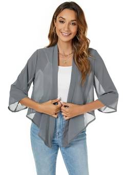 Famrrifuu Damen Bolero Chiffon Schulterjacke 3/4 Ärmel Elegant Kurze Cardigan Leichte Dünn Bolerojacke Casual,Grau,M von Famrrifuu