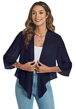 Famrrifuu Damen Bolero Chiffon Schulterjacke 3/4 Ärmel Elegant Kurze Cardigan Leichte Dünn Bolerojacke Casual,Navy,M von Famrrifuu