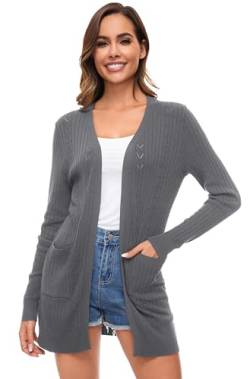 Famrrifuu Damen Strickjacke Lang Cardigan Sommer Leichte Jacke Casual Langarm Elegant Sommerjacke mit Tasche,Grau,L von Famrrifuu