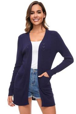 Famrrifuu Damen Strickjacke Lang Cardigan Sommer Leichte Jacke Casual Langarm Elegant Sommerjacke mit Tasche,Navy,L von Famrrifuu