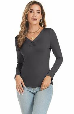 Famrrifuu Langarmshirt Damen V Ausschnitt Oberteile Top Langarm Elegant T-Shirt Stretch Basic Tee Longshirt,Grau,S von Famrrifuu