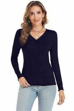 Famrrifuu Langarmshirt Damen V Ausschnitt Oberteile Top Langarm Elegant T-Shirt Stretch Basic Tee Longshirt,Navy,L von Famrrifuu