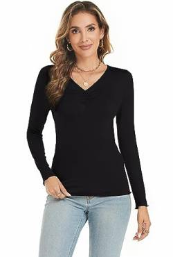 Famrrifuu Langarmshirt Damen V Ausschnitt Oberteile Top Langarm Elegant T-Shirt Stretch Basic Tee Longshirt,Schwarz,L von Famrrifuu