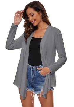 Famrrifuu Strickjacke Damen Lang Wasserfall Cardigan Sommer Leichte Jacke Casual Langarm Elegant Sommerjacke,Grau,XXL von Famrrifuu