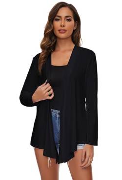 Famrrifuu Strickjacke Damen Lang Wasserfall Cardigan Sommer Leichte Jacke Casual Langarm Elegant Sommerjacke,Schwarz,S von Famrrifuu