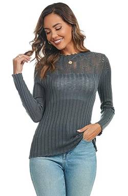 Famrrifuu Strickpullover Damen Elegant Pulli Gestrickt Rundhals Langarm Pullover Leicht Strickpulli für Herbst Winter,Grau,S von Famrrifuu