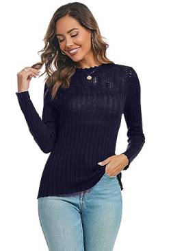 Famrrifuu Strickpullover Damen Elegant Pulli Gestrickt Rundhals Langarm Pullover Leicht Strickpulli für Herbst Winter,Navy,XL von Famrrifuu