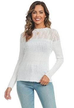 Famrrifuu Strickpullover Damen Elegant Pulli Gestrickt Rundhals Langarm Pullover Leicht Strickpulli für Herbst Winter,Weiß,S von Famrrifuu