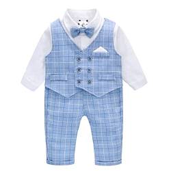 Famuka Baby Junge Anzug Set Kinder Smoking Hochzeit Taufe Bekleidungsset Hemd+Weste+Hose+Fliege (Blau, 9M) von Famuka