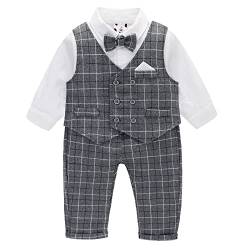 Famuka Baby Junge Anzug Set Kinder Smoking Hochzeit Taufe Bekleidungsset Hemd+Weste+Hose+Fliege (Grau, 12M) von Famuka