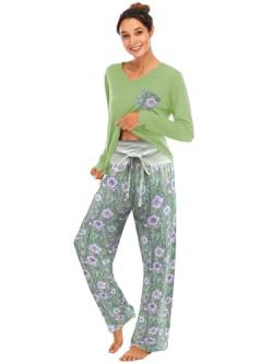 Famulily Bequemer Damen-Pyjama, Set, Blumendruck, langärmelig, Loungewear, Oberteil und Hose mit weitem Bein, weiche Nachtwäsche, #Grün, 42 von Famulily