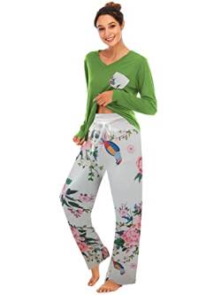 Famulily Bequemer Damen-Pyjama, Set, Blumendruck, langärmelig, Loungewear, Oberteil und Hose mit weitem Bein, weiche Nachtwäsche, grün, 46 von Famulily