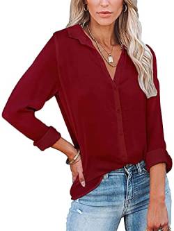 Famulily Blusen Damen Elegant Festlich Stylisch Lang Knitterfreie Bluse Winerot L von Famulily