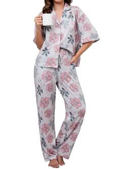 Famulily Button Up Pyjamas für Frauen Kurzarm Oberteile und Pyjama Hosen Bequem Pjs Lounge Sets Beige S von Famulily