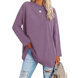Famulily Damen Basic Langarm Baumwolle T-Shirts Einfach Einfarbig Bequem V-Ausschnitt Lose Baggy Tunika Tee Shirts Tops, #2 Violett, Large von Famulily