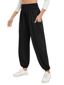 Famulily Damen Bequeme Stretch Plain Lounge Bottoms Smocked High Rise Harem Pyjama Hose mit Taschen Schwarz XL von Famulily