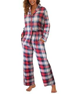 Famulily Damen Casual 2-teilige Outfits Langarm Button Down Hemd und Pyjama Hosen Set Rot XL von Famulily