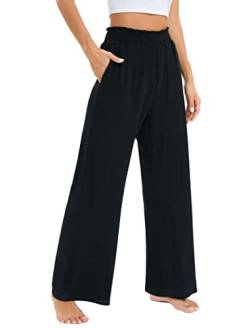 Famulily Damen Casual Stretch Pull On Wide Leg Hose Damen Elastische gesmokte Taille Lounge Hose mit Taschen, Schwarz , XXL von Famulily