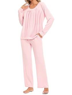 Famulily Damen Einfache Bequeme Baumwolle Pyjamas Set Langarm Tops und Wide Leg Hosen Loungewear mit Taschen Rosa L von Famulily