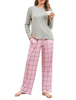 Famulily Damen Herbst Pyjamas warme Pyjama Sets lockere Passform Nachtwäsche gerippte Oberteile und Karierte Lounge Hosen mit weitem Bein, Grau M von Famulily