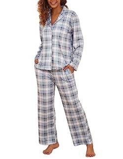 Famulily Damen Langarm Nachtwäsche Button Down Baumwolle 2-teiliger Pyjama Set Classic Plaid Muster Grau S von Famulily