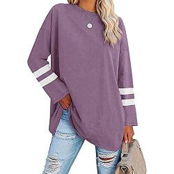 Famulily Damen Langarm T-Shirts Gestreift Langarm V-Ausschnitt Rundhals Bequeme Baumwolle Lose Tunika Tee Bluse Tops, #3 Violett, X-Large von Famulily