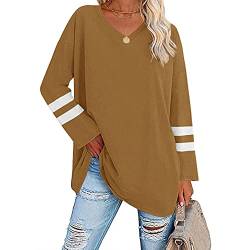 Famulily Damen Langarm T-Shirts Gestreift Langarm V-Ausschnitt Rundhals Bequeme Baumwolle Lose Tunika Tee Bluse Tops, #4 Dunkelgelb, X-Large von Famulily