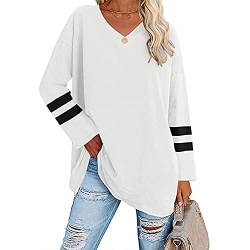 Famulily Damen Langarm T-Shirts Gestreift Langarm V-Ausschnitt Rundhals Bequeme Baumwolle Lose Tunika Tee Bluse Tops, #4 Weiß, X-Large von Famulily