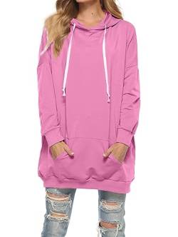 Famulily Damen Oversized Hoodie Kleid Baumwolle Lang Sweatshirt mit Kapuze Einfarbige Kapuzenpullover und Taschen und Kordelzug Hot Pink 2XL von Famulily