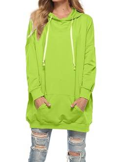 Famulily Damen Oversized Hoodie Kleid Baumwolle Lang Sweatshirt mit Kapuze Einfarbige Kapuzenpullover und Taschen und Kordelzug Neongrün 2XL von Famulily
