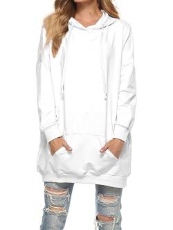 Famulily Damen Oversized Hoodie Kleid Baumwolle Lang Sweatshirt mit Kapuze Einfarbige Kapuzenpullover und Taschen und Kordelzug Weiß S von Famulily