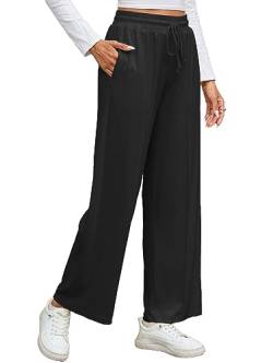 Famulily Damen Palazzo Lounge Hose mit Breiten Beinen, leichte lockere Bequeme Casual Sweatpants (XL, Schwarz) von Famulily