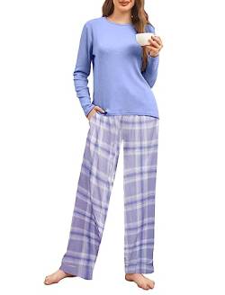 Famulily Damen Pyjama Sets Langarm Herbst Nachtwäsche Warme Pjs Lounge Sets mit verstellbarem Kordelzug Himmelblau L von Famulily