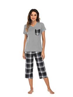 Famulily Damen Schlafanzug Kurzer Pyjama Set Sommer Nachtwäsche Stretch Dreiviertel Pyjama Damen Baumwoll Hausanzug Schlafanzüge für Damen,Dark Grau,L von Famulily