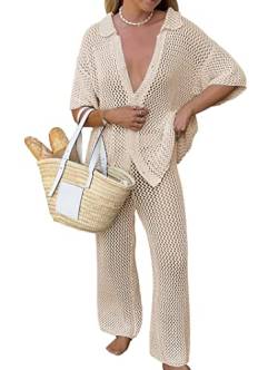 Famulily Damen Sexy aushöhlen Badeanzug Cover Up Crochet Net Beach Sets Button Down Shirt und Wide Leg Pant Matching Sets, Khaki, XL von Famulily