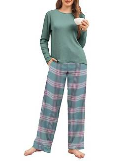 Famulily Damen Soft Cotton Lounge Set Langarm Top Pyjamas Wide Leg Pants Winter Loungewear Outfits Grün S von Famulily