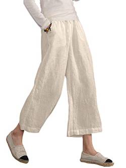 Famulily Damen Sommer Bequeme Baumwolle Leinen Cropped Hose Breites Bein Lounge Hose mit Taschen, beige, L von Famulily