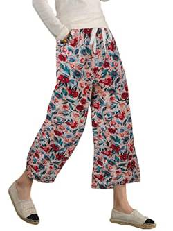 Famulily Damen Sommer Bequeme Baumwolle Leinen Cropped-Hose Weites Bein Loungehose mit Taschen, #3 Burgunderrot, XL von Famulily
