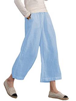 Famulily Damen Sommer Bequeme Baumwolle Leinen Cropped Hose Weites Bein Loungehose mit Taschen, himmelblau, S von Famulily