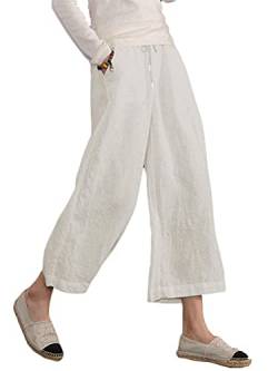 Famulily Damen Sommer Bequeme Baumwolle Leinen Cropped Hose Weites Bein Loungehose mit Taschen, weiß, S von Famulily