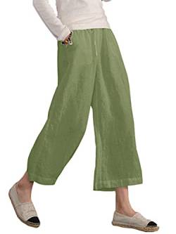 Famulily Damen Sommer Bequeme Leinen Cropped Hose Weite Bein Loungehose mit Taschen Gr. L, grün von Famulily