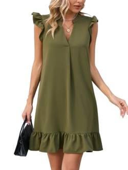 Famulily Damen Sommer Strand Sonnenkleid V Ausschnitt Rüschen Ärmel Tank Kleid Mütze Kurzarm Plissee Minikleider Armee Grün L von Famulily