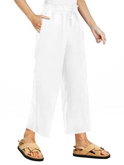 Famulily Damen Sommerhose mit weitem Bein, bequeme Hose aus Baumwollleinen, mit Taschen, #2 Weiß, L von Famulily