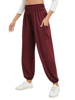 Famulily Fließende Hosen Frauen Smocked Elastic Bund Baumwolle Joggers Activewear Hosen mit Taschen Wein S von Famulily