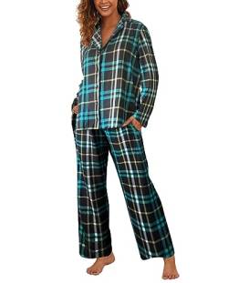 Famulily Gedruckte Plaid Knopf Front Pyjama Hose Set Frauen Soft Lounge Wear Pjs Nachtwäsche Grün S von Famulily