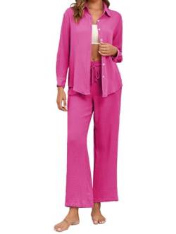 Famulily Große Größen Outfit Damen 2 Teiler Herbst Musselin Schlafanzug Lang Heißes Rosa 2XL von Famulily