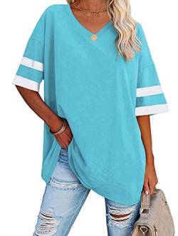 Famulily Lässiges Damen-T-Shirt mit Rundhalsausschnitt, halbe Ärmel, bequem, übergroß, Baseball-T-Shirt, Farbblock, Tunika, #2 Blau, X-Large von Famulily